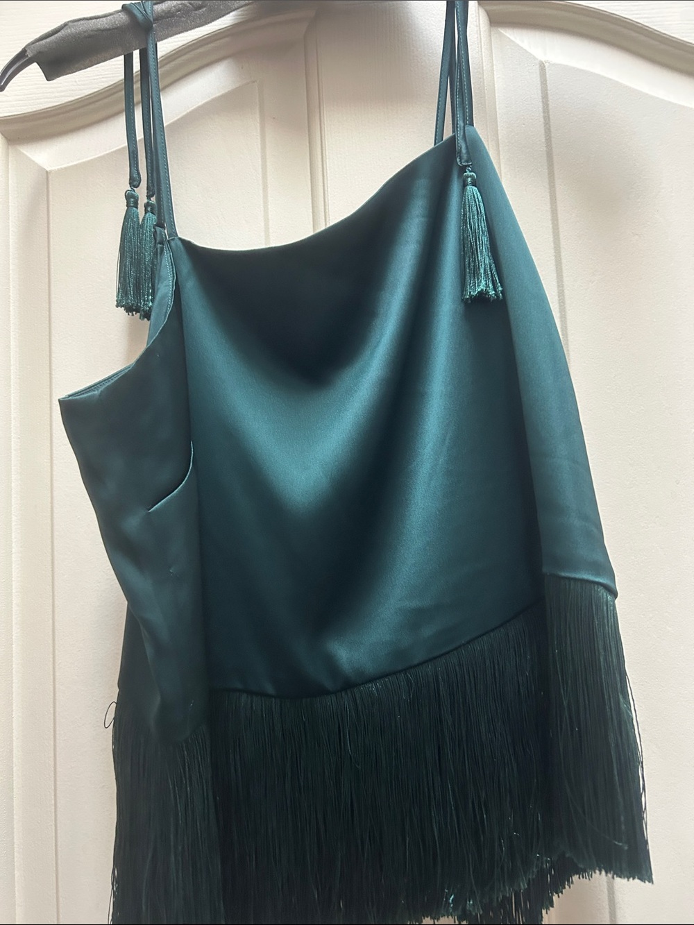 Rachel Zoe Teal Satin One-Shoulder Fringe Tassel Top